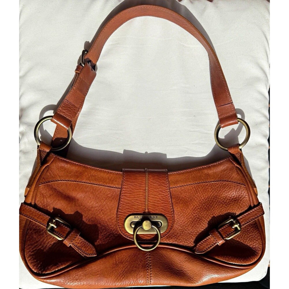 Vintage Burberry Brown Leather Shoulder Bag Y2K Check Lining Gold Hardware